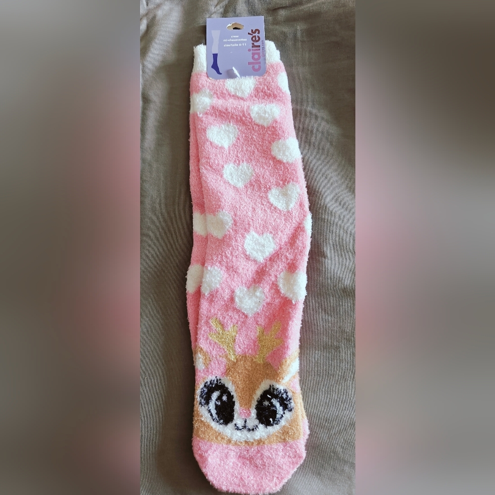 Fuzzy Reindeer Crew Socks